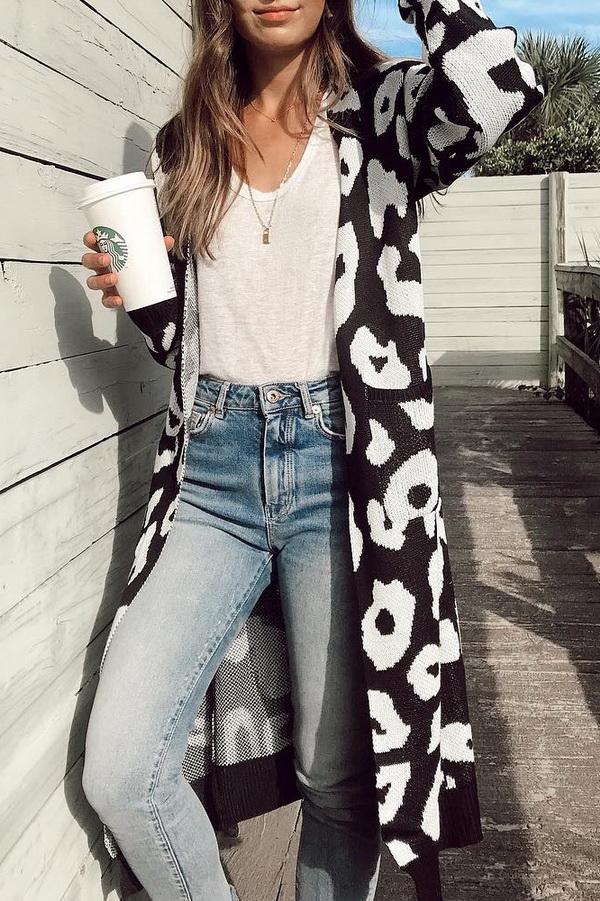Valenzora leopard print long sweater jacket