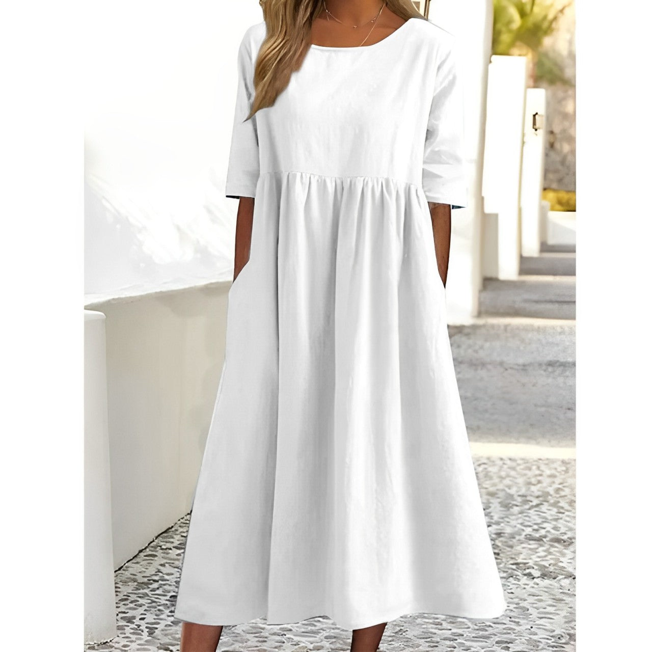Valenzora | Breathable cotton-linen vintage midi dress with pleated design
