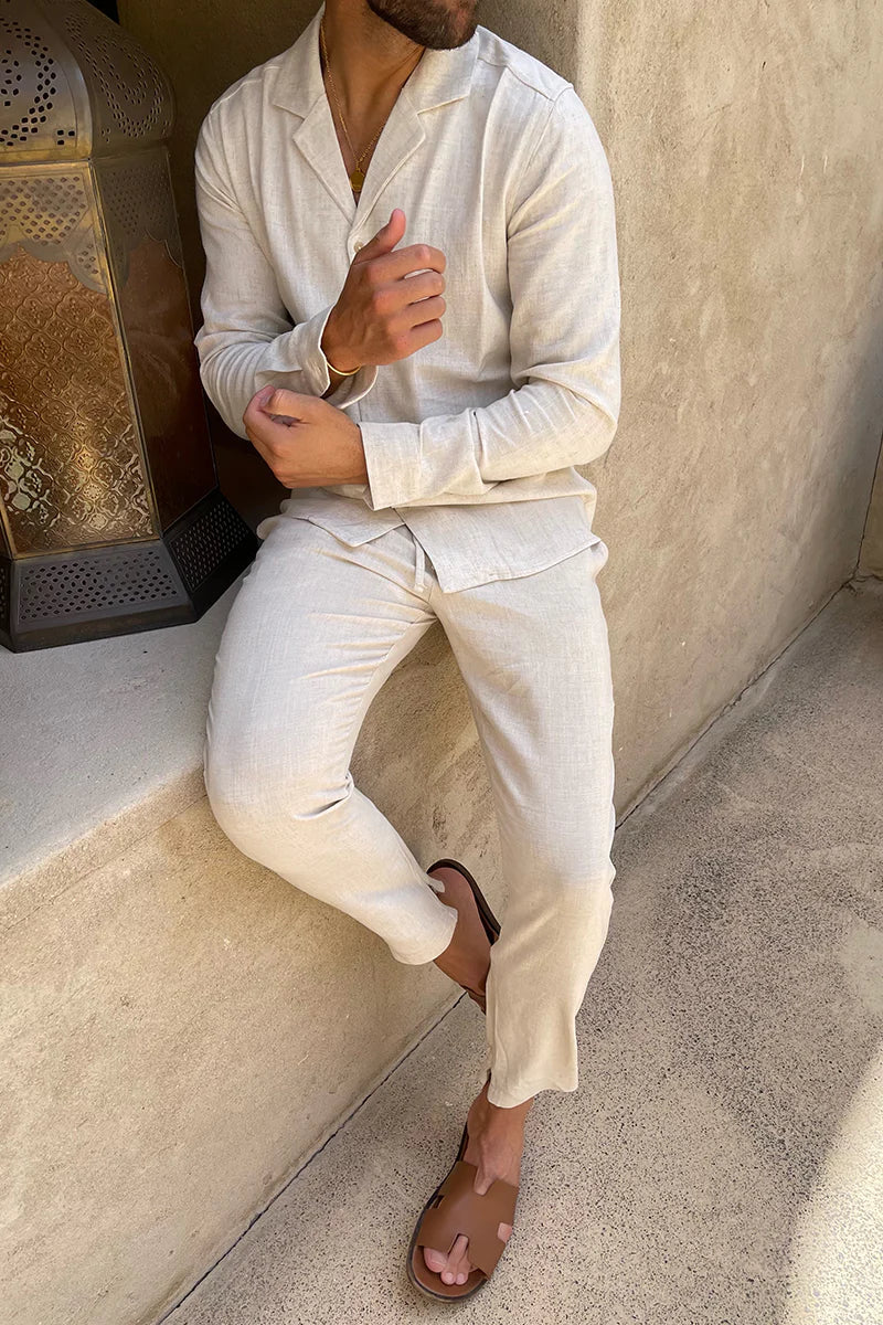 Valenzora | Linen Shirt and Trousers Set Relaxed Fit Long Sleeve Shirt with Button Placket Breathable Lightweight Trousers