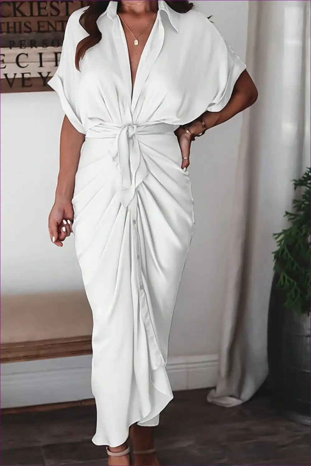 Valenzora | Elegant white draped midi dress - Timelessly chic