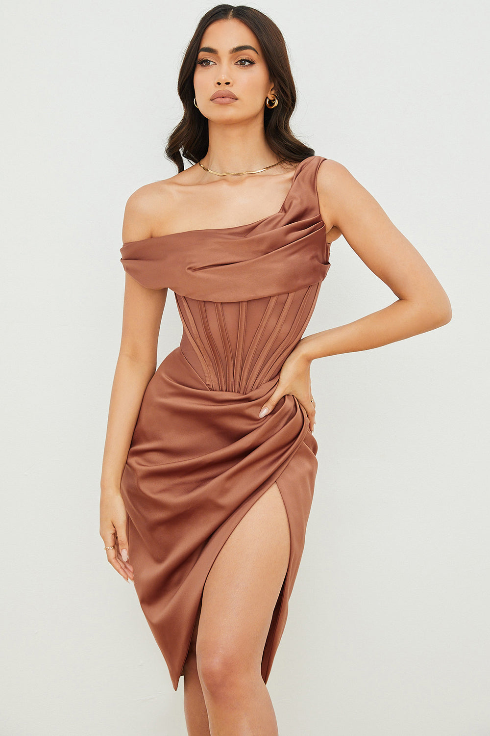 Valenzora | Asymmetrically draped midi corset dress