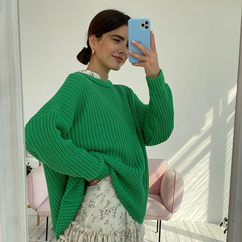 Valenzora – Fashionable solid-color knit sweater with round neck