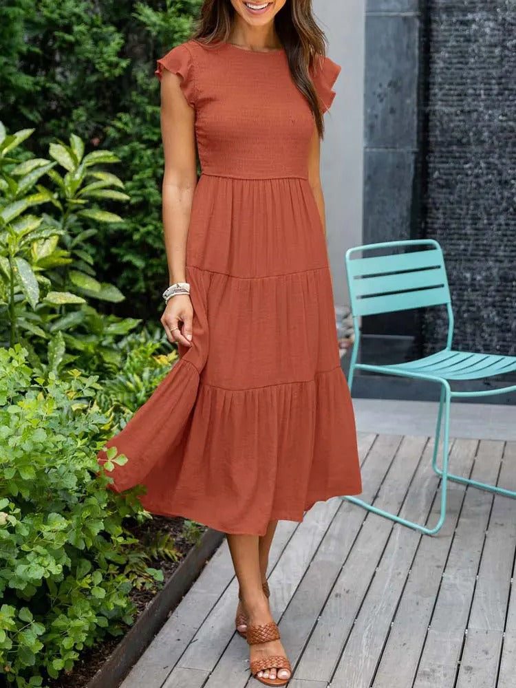 Valenzora | Elegant pleated layered dress with short sleeves