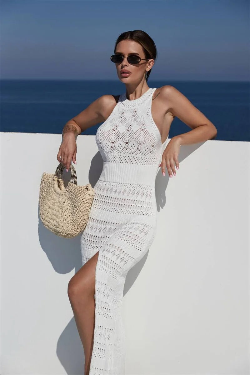 Valenzora | Sleeveless long knit dress with high slit