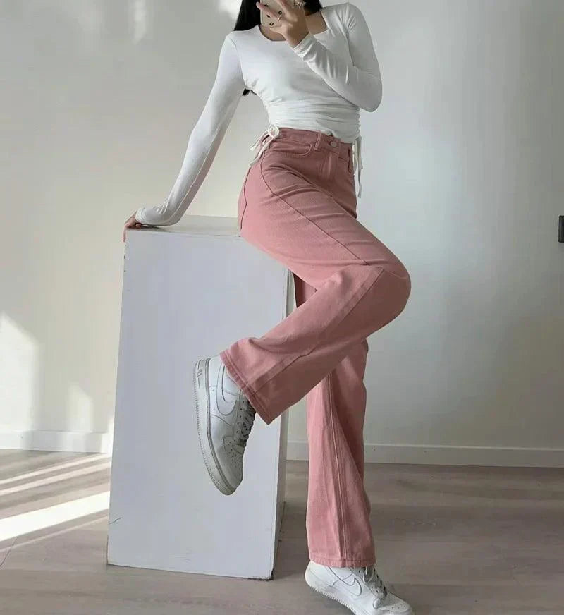 Valenzora | Waist-Pink Straight Jeans for Women
