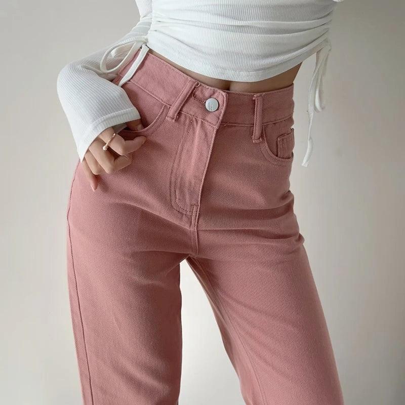 Valenzora | Waist-Pink Straight Jeans for Women