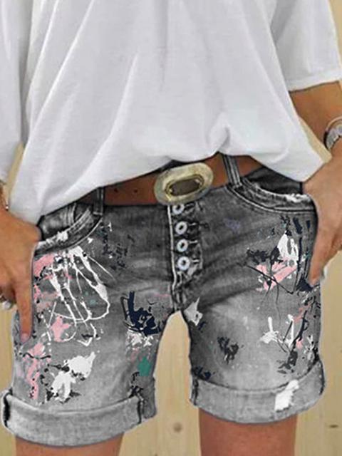 Valenzora | Multi-button print denim shorts