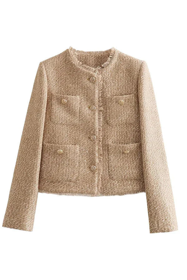 Valenzora | Frayed jacket with round neck and buttons