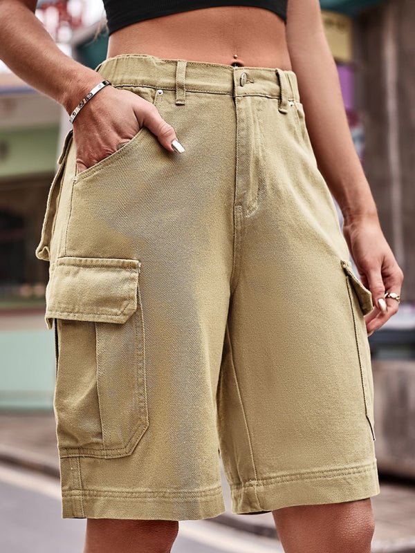 Valenzora | New elastic waist-cut denim cargo crochet shorts