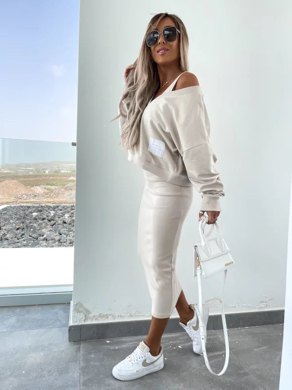 Valenzora | Stylish off-shoulder crop top and midi skirt set