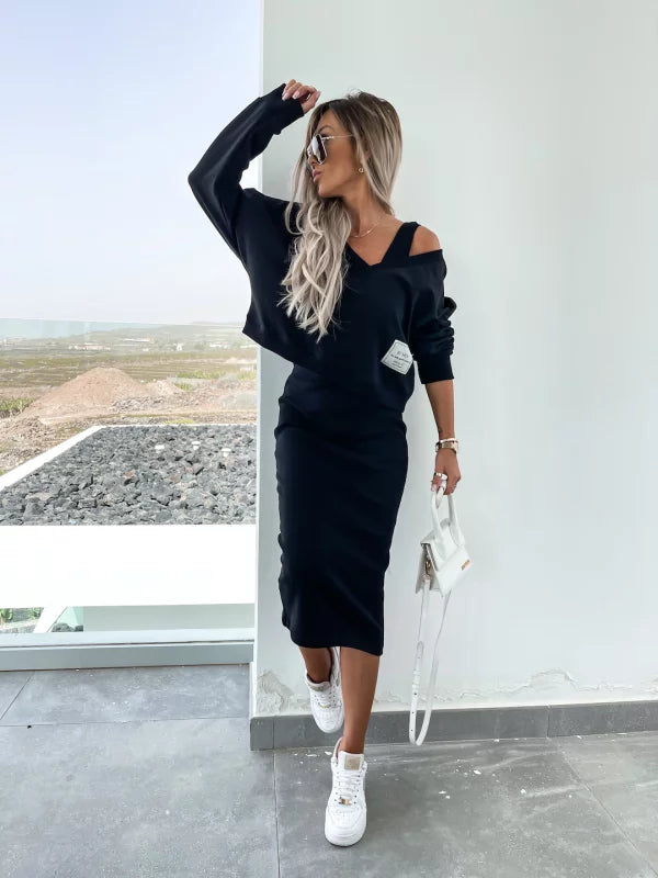 Valenzora | Stylish off-shoulder crop top and midi skirt set