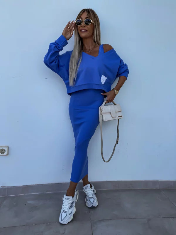 Valenzora | Stylish off-shoulder crop top and midi skirt set