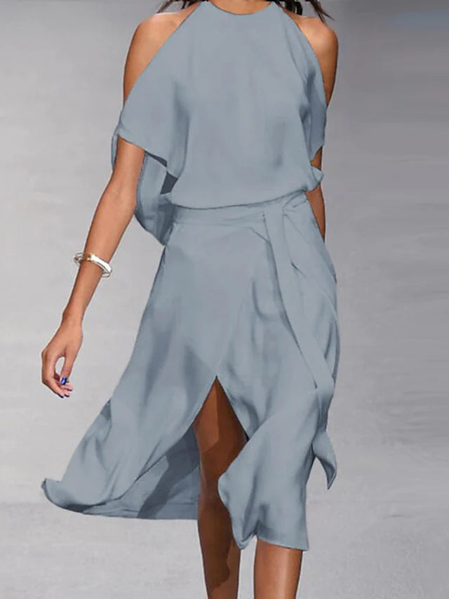 Valenzora | Midi dress, off-shoulder wrap style with front slit, elegant flowing fit