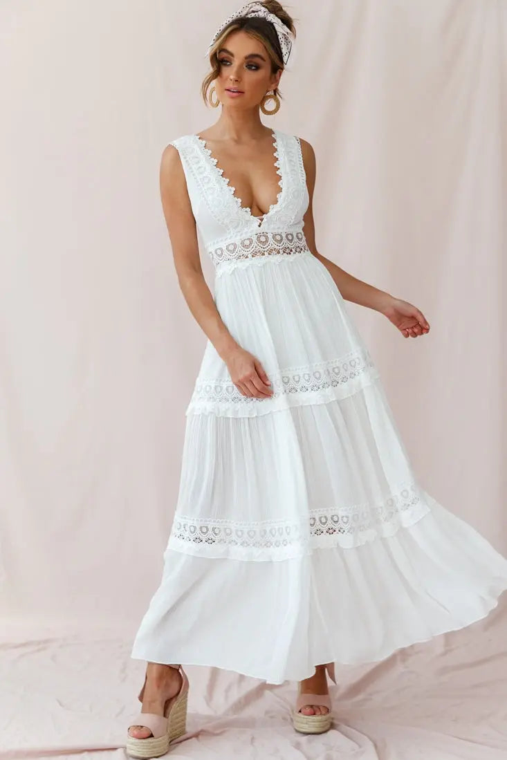 Valenzora | White Boho Maxi Dress with Crochet Inserts & Deep V-Neck