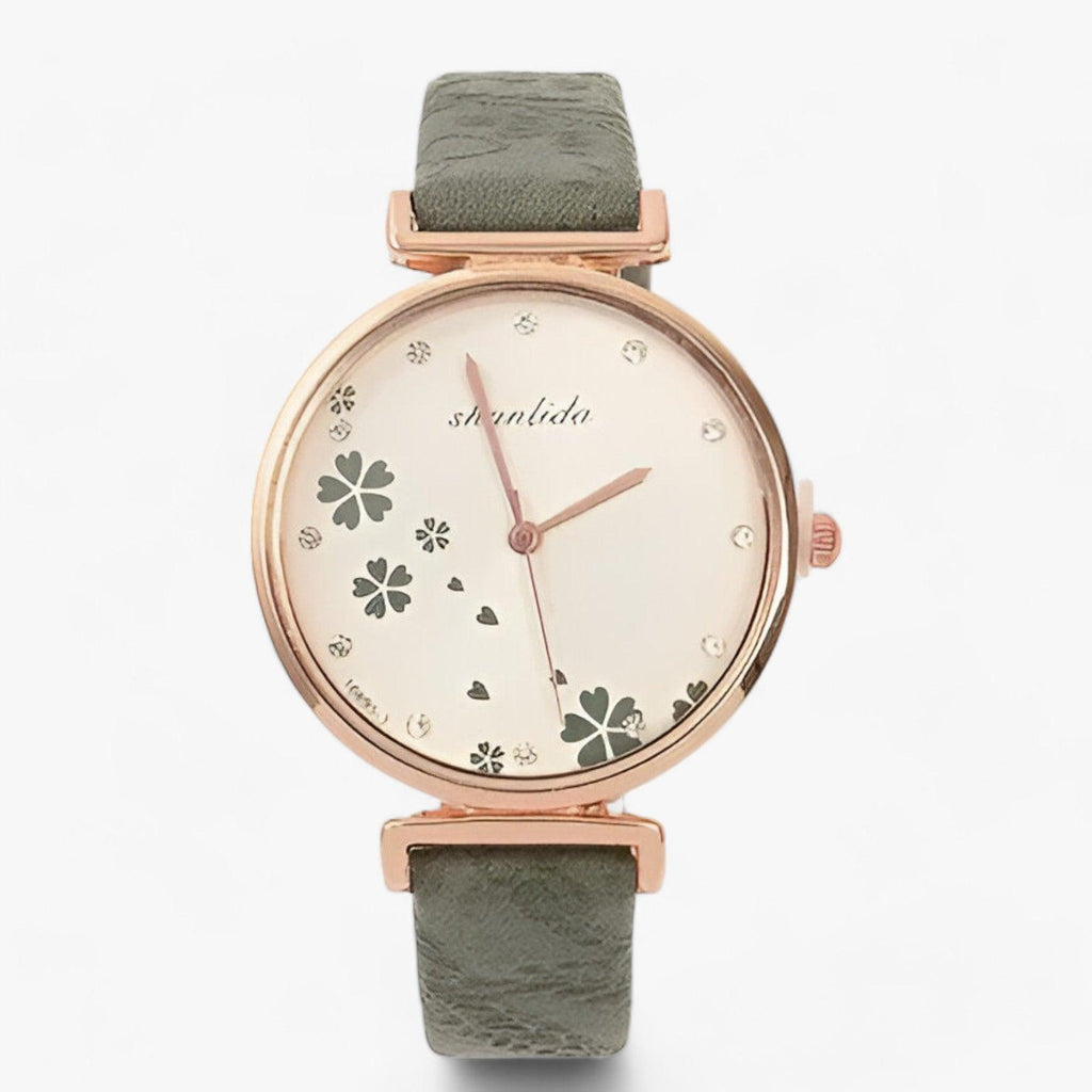 Valenzora | Leather Strap Round Vintage Floral Watch For Women