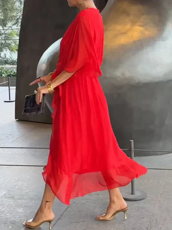 Valenzora | Green chiffon dress with V-neck