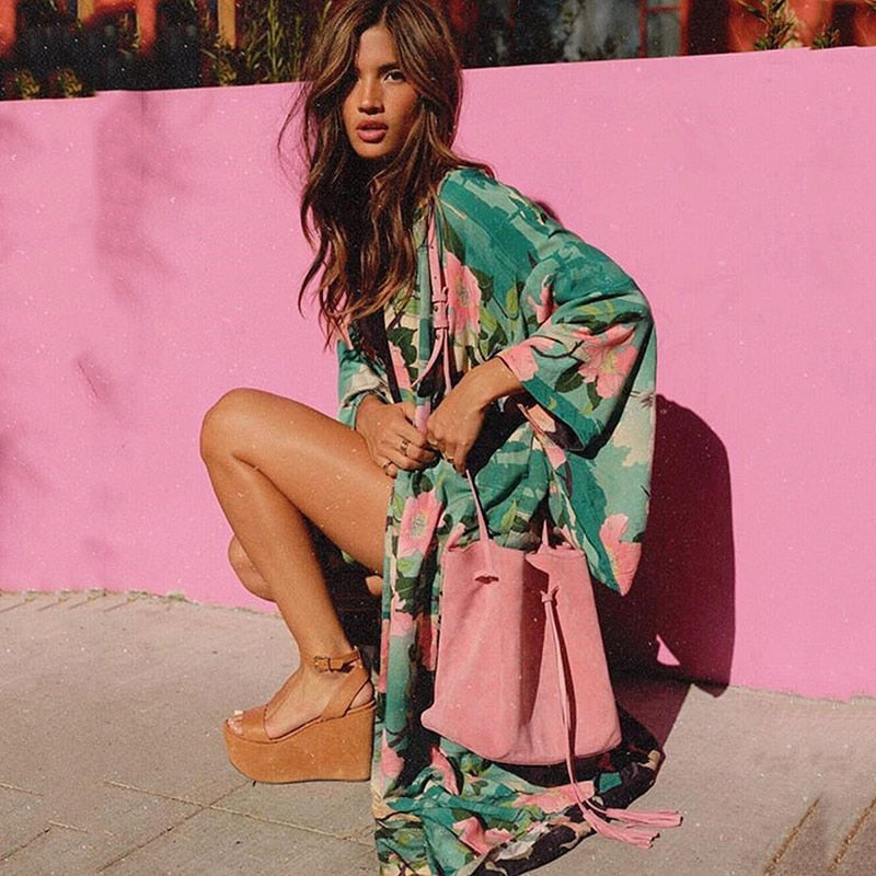 Valenzora | Green floral print kimono cardigan