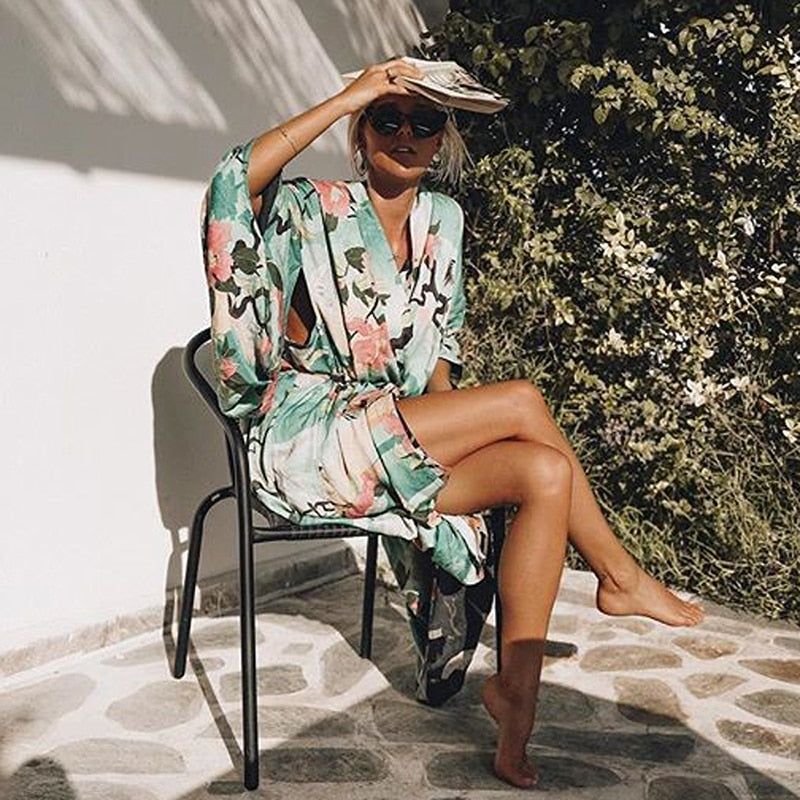 Valenzora | Green floral print kimono cardigan
