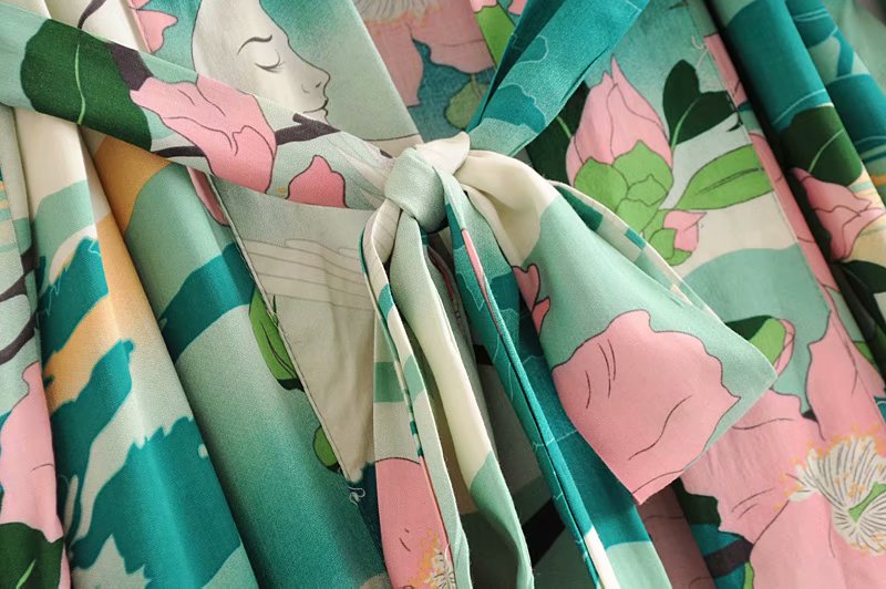 Valenzora | Grüner Kimono-Cardigan mit Blumenmuster