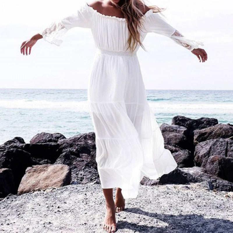 Valenzora | Schulterfreies weißes Spitzen-Sommerkleid