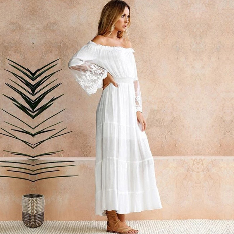 Valenzora | Schulterfreies weißes Spitzen-Sommerkleid