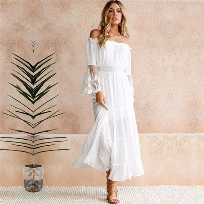 Valenzora | Schulterfreies weißes Spitzen-Sommerkleid