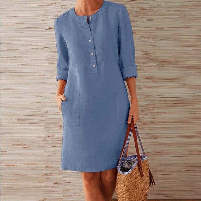 Valenzora | Buttoned Linen Dress with Rolled Cuffs for Women