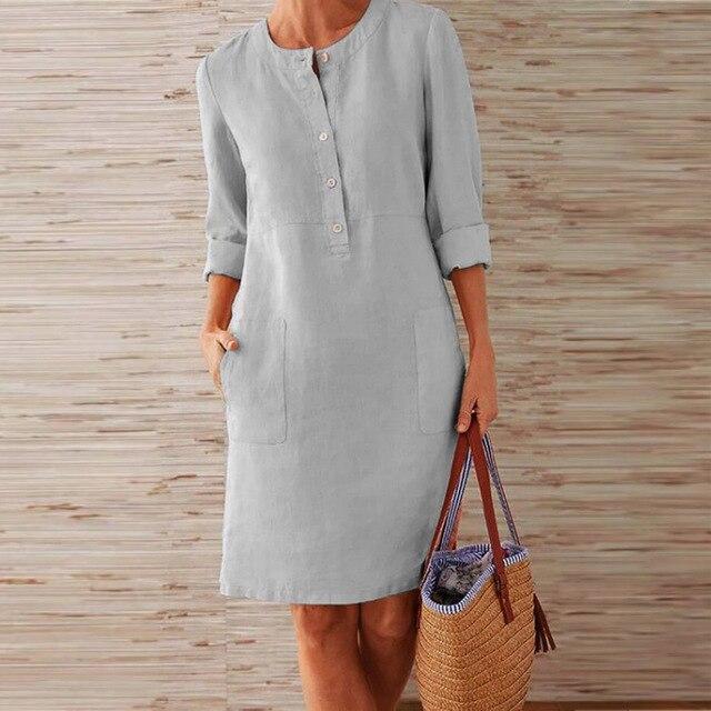 Valenzora | Buttoned Linen Dress with Rolled Cuffs for Women