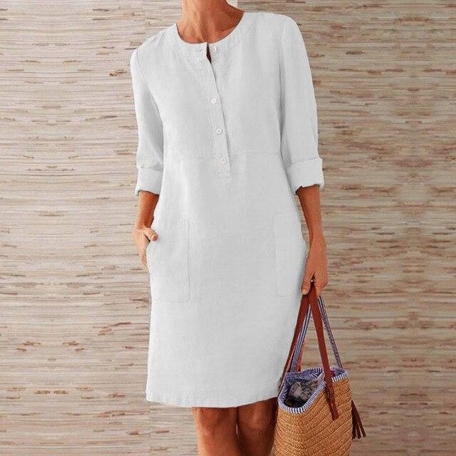 Valenzora | Buttoned Linen Dress with Rolled Cuffs for Women