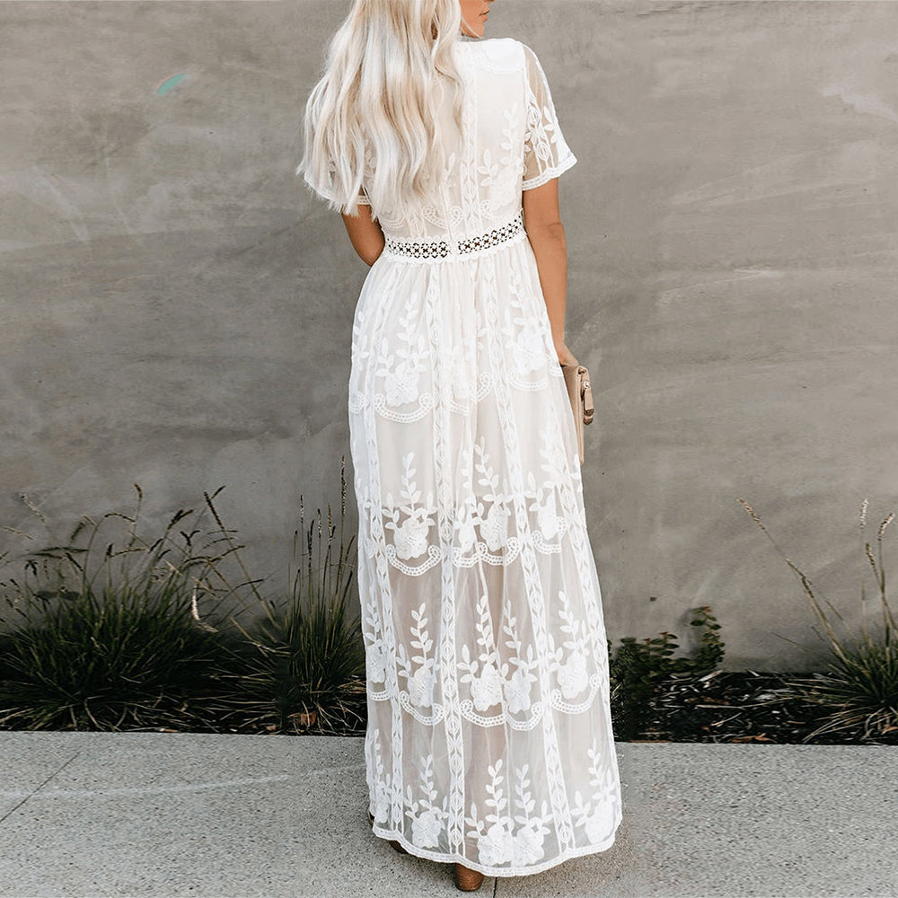 Valenzora | Maxikleid aus Netzspitze mit V-Ausschnitt, Sommer