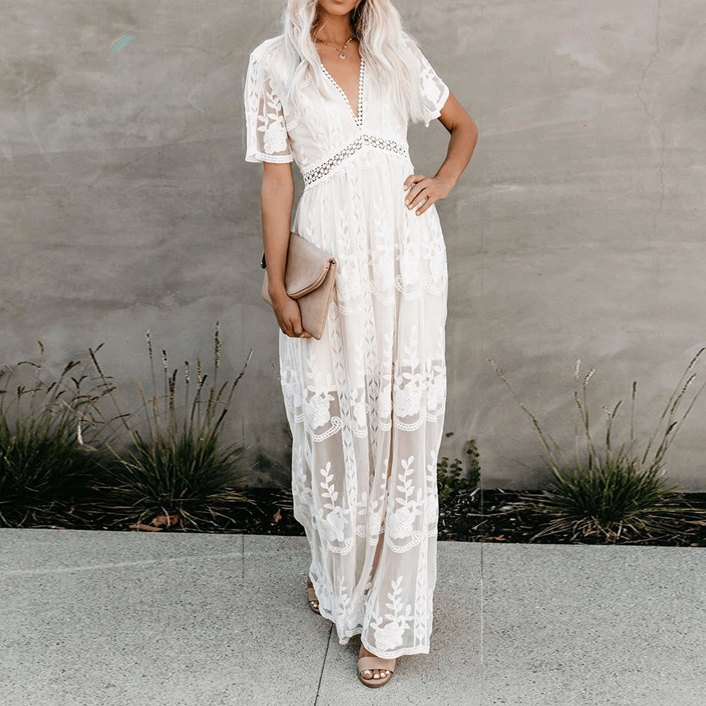 Valenzora | Maxikleid aus Netzspitze mit V-Ausschnitt, Sommer