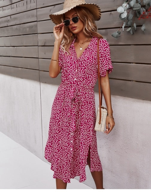 Valenzora | Stylish midi dress with button closure, short sleeves, fitted and V-neck