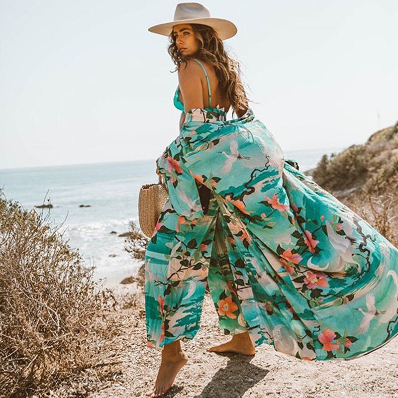 Valenzora | Grüner Kimono-Cardigan mit Blumenmuster