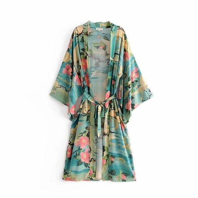 Valenzora | Grüner Kimono-Cardigan mit Blumenmuster