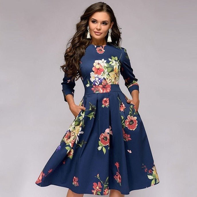 Valenzora | Lässiges Midikleid mit Rundhalsausschnitt, Blumenmuster und Taschen