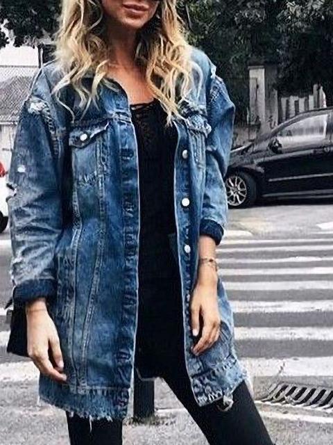 Valenzora | Ripped Boyfriend Long Denim Jacket