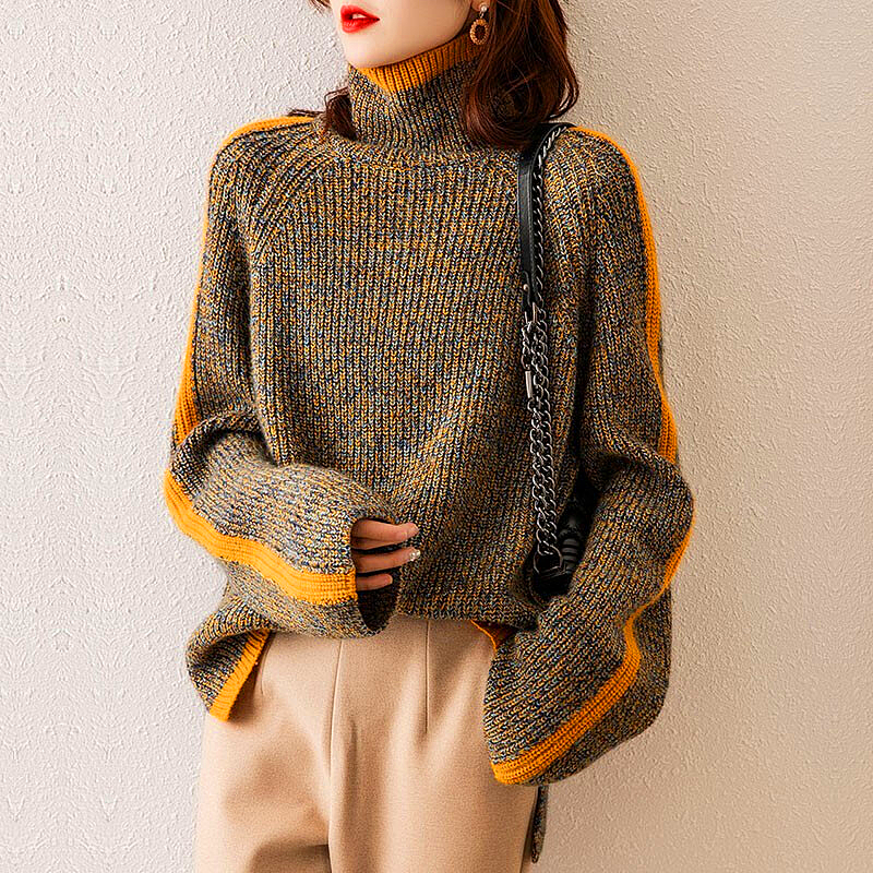 Valenzora Sweater | Elegant, oversized roll-neck sweater with orange stripes for women