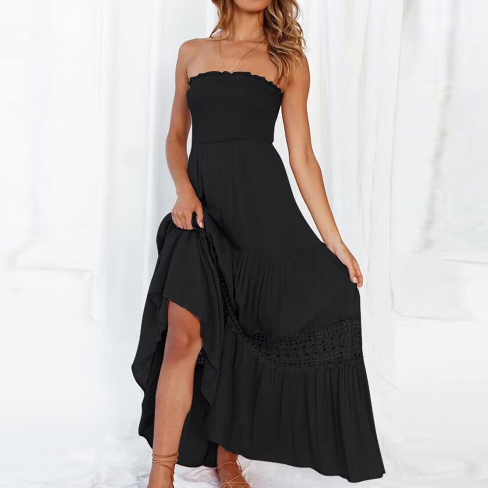Valenzora | Sommerliches schulterfreies Kleid mit Spitzenbesatz