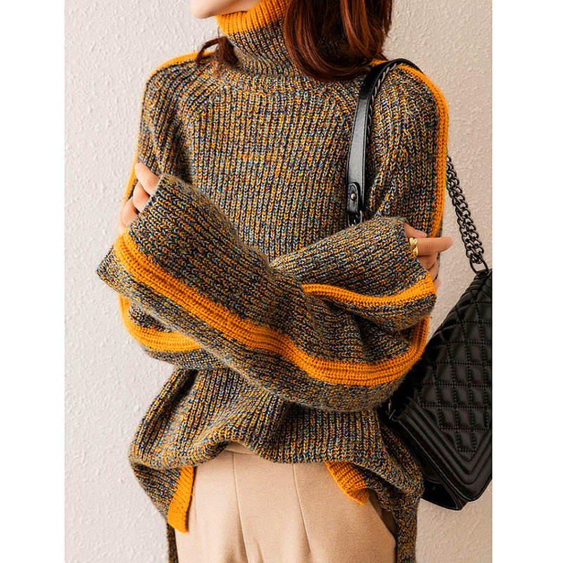 Valenzora Sweater | Elegant, oversized roll-neck sweater with orange stripes for women