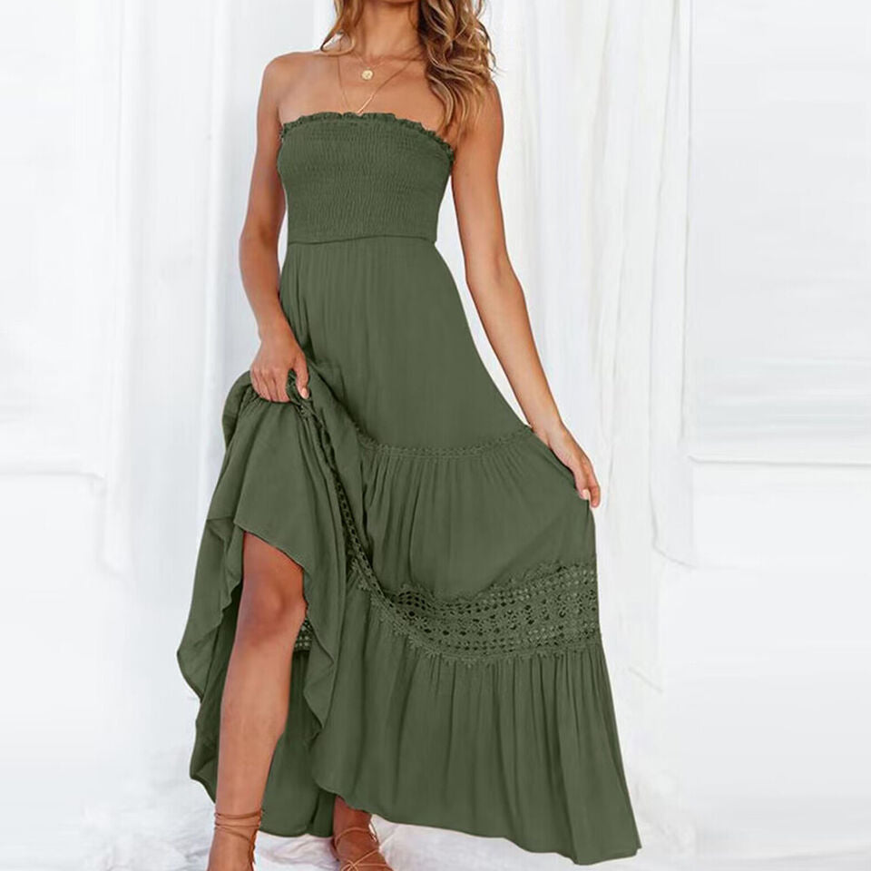 Valenzora | Sommerliches schulterfreies Kleid mit Spitzenbesatz