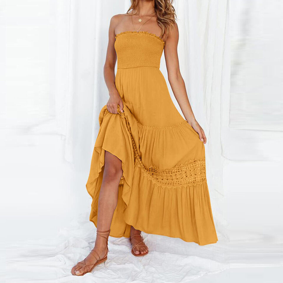 Valenzora | Sommerliches schulterfreies Kleid mit Spitzenbesatz