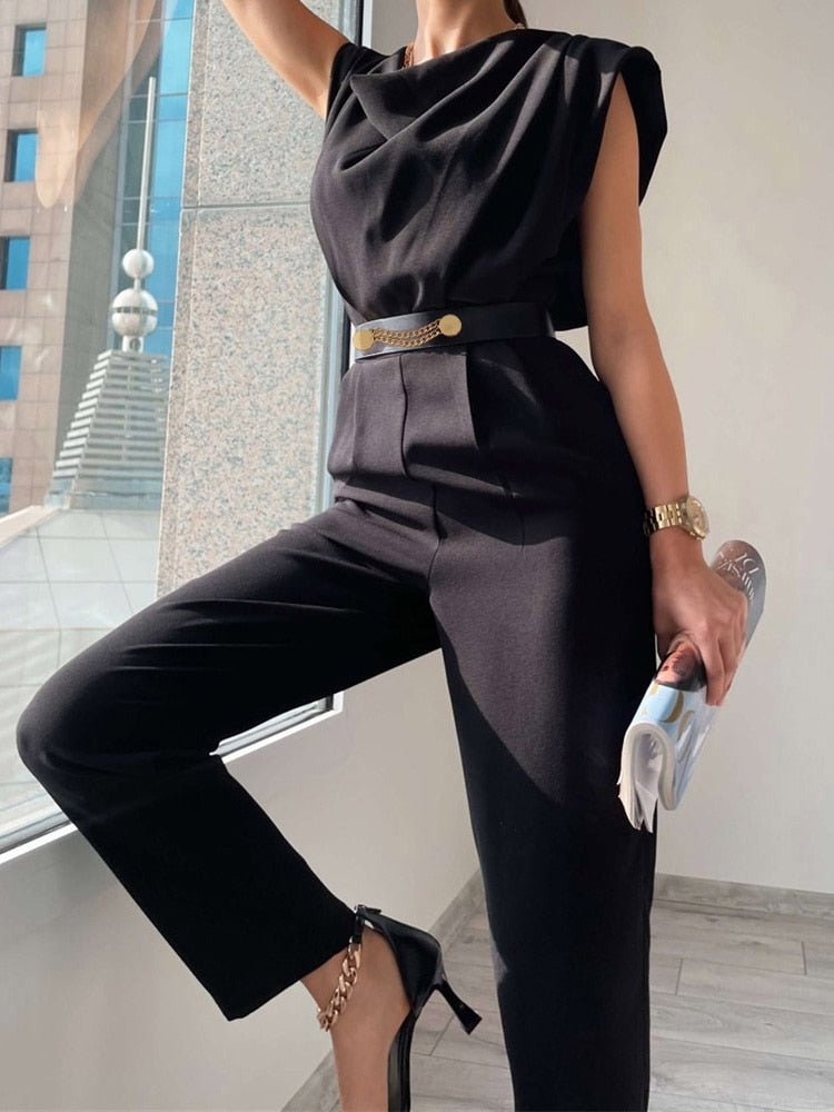 Valenzora | Casual sleeveless jumpsuit with V-neck, waist belt and slim fit