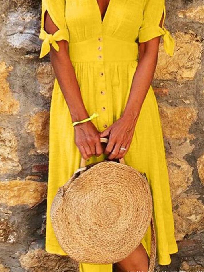 Valenzora | Solid Color V-Neck Band Half Sleeve Casual Dress