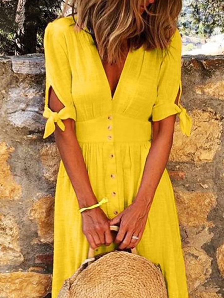 Valenzora | Solid Color V-Neck Band Half Sleeve Casual Dress