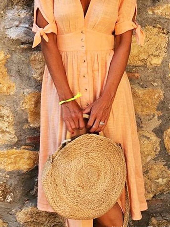 Valenzora | Solid Color V-Neck Band Half Sleeve Casual Dress
