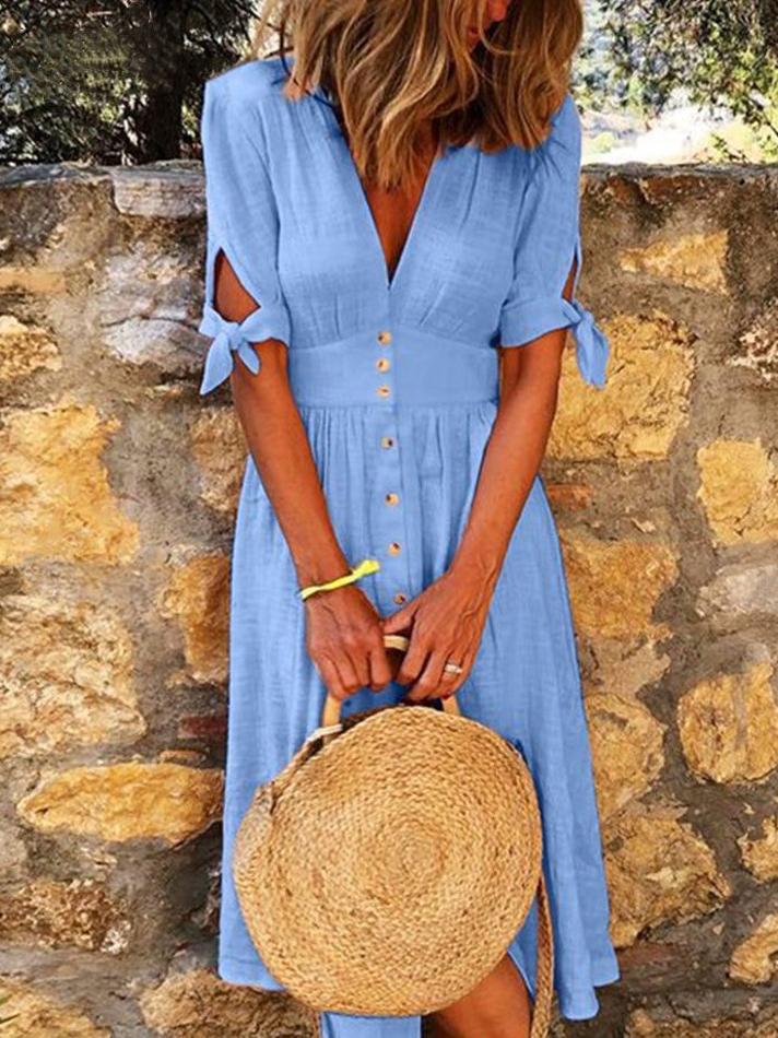Valenzora | Solid Color V-Neck Band Half Sleeve Casual Dress