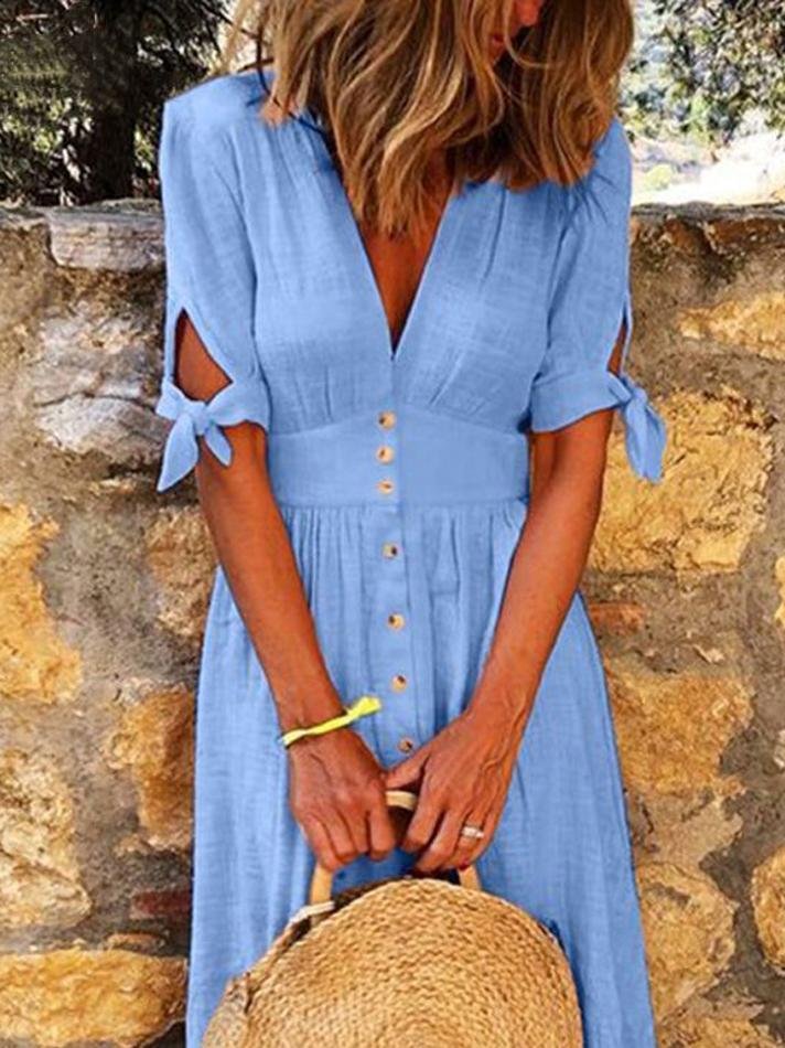 Valenzora | Solid Color V-Neck Band Half Sleeve Casual Dress