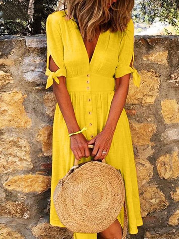 Valenzora | Solid Color V-Neck Band Half Sleeve Casual Dress