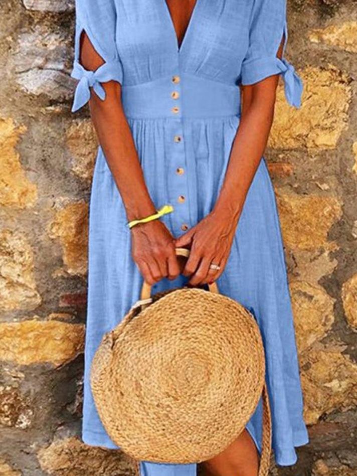 Valenzora | Solid Color V-Neck Band Half Sleeve Casual Dress