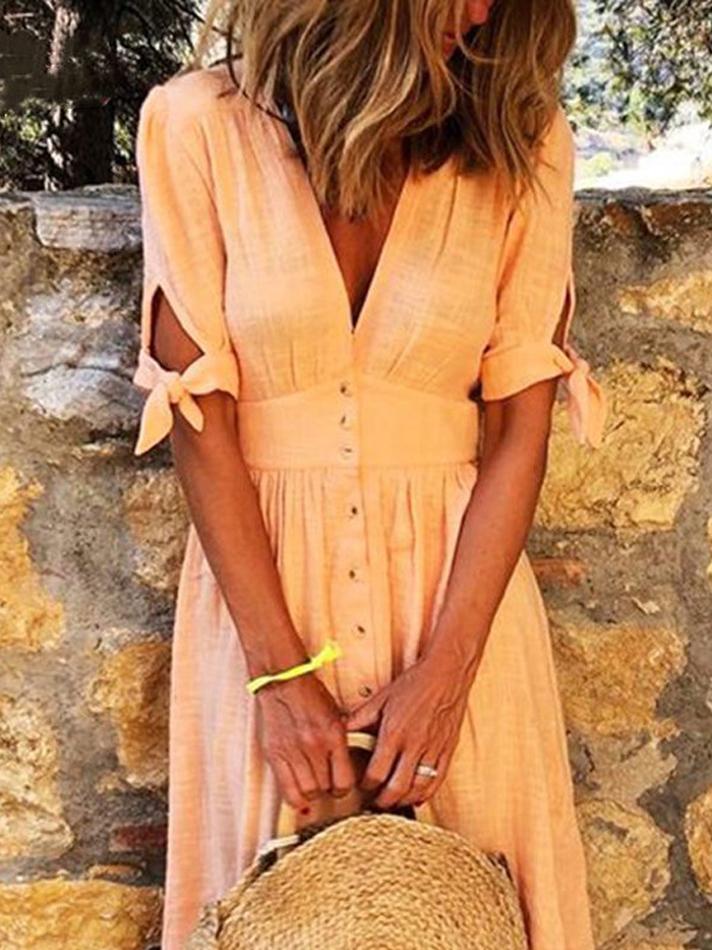 Valenzora | Solid Color V-Neck Band Half Sleeve Casual Dress